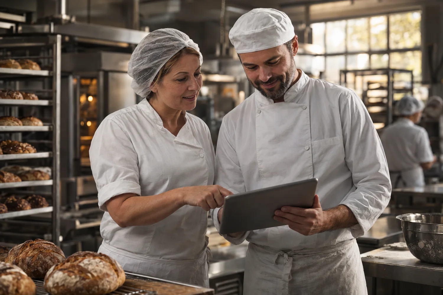 Illustrative industry image: two bakers review the day's work on a tablet.