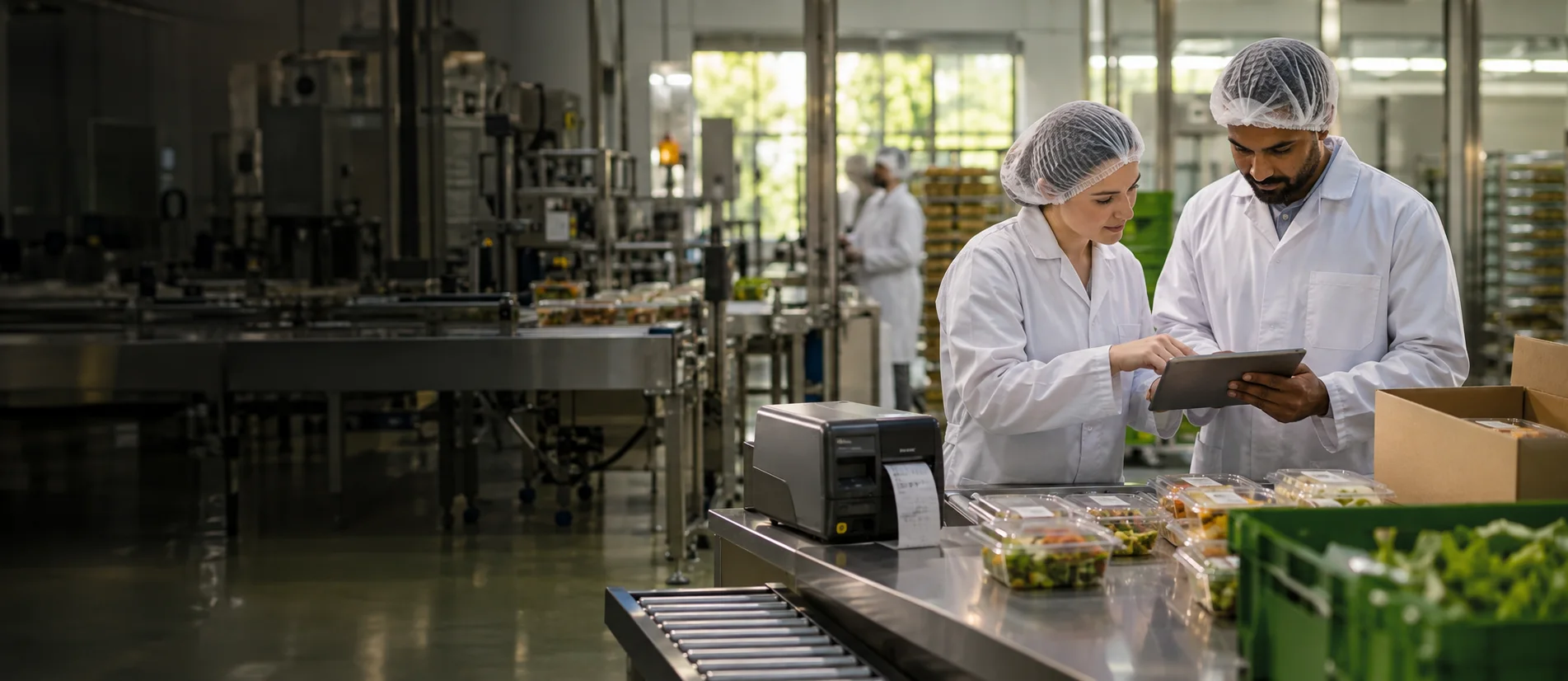 Illustrative industry image: employees work together on labelling and packing in food production.